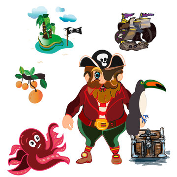 Cartoon pirate set,Island with treasury and characters, prints or stickers