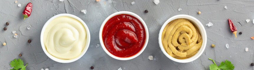 banner of Set of various sauces with spices on gray stone background. Mayonnaise ketchup mustard.