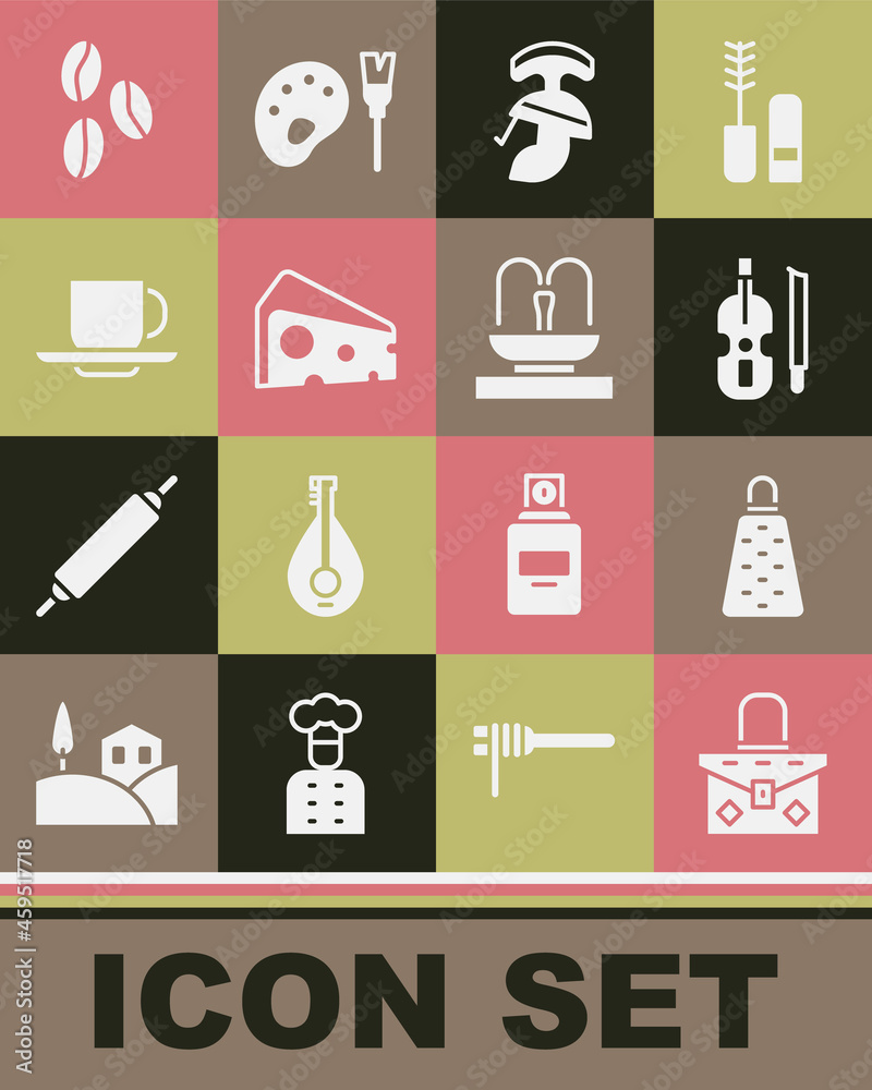 Poster Set Handbag, Grater, Violin, Roman army helmet, Cheese, Coffee cup, beans and Fountain icon. Vector