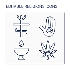 Religious line icons set. Jainism, unitarianism, Rastafari, candomble faiths. Philosophical concept. Isolated vector illustrations. Editable stroke