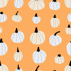 Autumn pumpkins with color  background.  Perfect for fall, Thanksgiving, holidays, fabric, textile. Seamless repeat swatch.