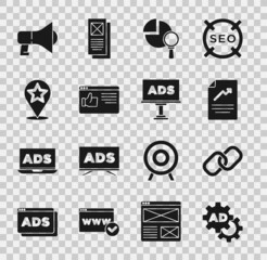 Obraz premium Set Advertising, Chain link, Document with graph chart, Magnifying glass and analysis, Browser window, Map pointer star, Megaphone and icon. Vector