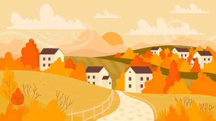 Autumn farm village, countryside landscape scene in yellow orange fall colors vector illustration. Cartoon rural road pathway to farmer houses and autumn gardens, agriculture field on hill background
