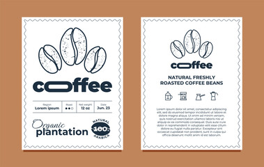 Fototapeta na wymiar Coffee packaging label design template set. Organic plantation graphic modern tag or sticker for brand, logo, packing. Vector eps Illustration for arabica bean roaster company typography