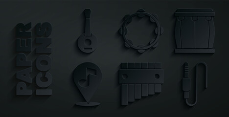 Set Pan flute, Drum, Location musical note, Audio jack, Tambourine and Banjo icon. Vector