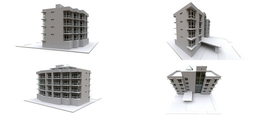 3d illustration. Small white-gray condominium with elevator and garage. 3d rendering.