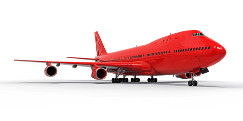 Large passenger aircraft of large capacity for long transatlantic flights. Red airplane on white isolated background. 3d illustration.