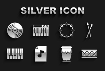 Set Music book with note, Drum sticks, Grand piano, Tambourine, Vinyl disk and synthesizer icon. Vector © Kostiantyn