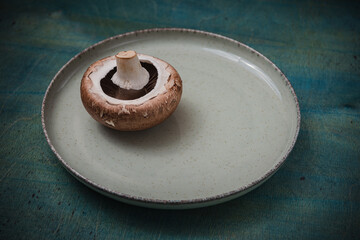Cooking food - mushroom champion. Flat lay background