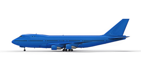 Large passenger aircraft of large capacity for long transatlantic flights. Blue airplane on white isolated background. 3d illustration.