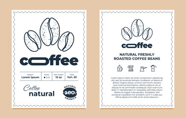 Natural coffee packaging label design template set. Graphic modern tag or sticker for brand, logo, packing. Vector eps Illustration for arabica bean roaster company typography