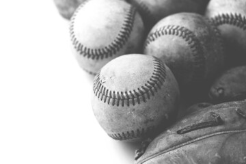 Vintage texture of baseball equipment on white background.