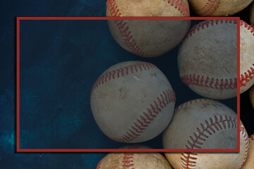 Group of old used baseball balls with graphic frame and copy space for sport background.