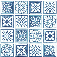 Seamless blue and white azulejo pattern. Square isolated tile. Print for home textiles. Handmade. Indigo ornament painted in watercolor.