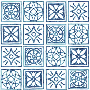 Seamless blue and white azulejo pattern. Square isolated tile. Print for home textiles. Handmade. Indigo ornament painted in watercolor.