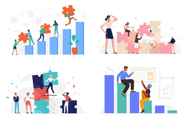 Fototapeta na wymiar Business people build success collaboration, partnership concept set vector illustration. Cartoon teamwork organization of partners, employee characters holding puzzle jigsaw to work isolated on white