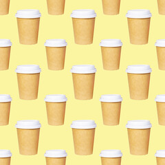 A lot of paper eco cup with coffee to go on orange background, Fast food, Seamless Pattern