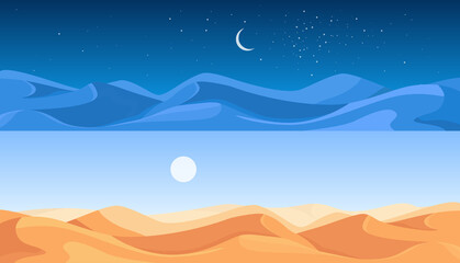 Egyptian desert landscape scene and sand dunes set vector illustration. Cartoon sandy nature panorama scenery with dry endless skyline hot of land by day and night, desert in Africa background