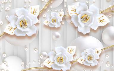 3d classic mural wallpaper.
white and golden flowers in light background with pearls