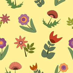 Vector stylish bright flower pattern on yellow background. Colorful pattern with separate flowers. Nice wrapping design.
