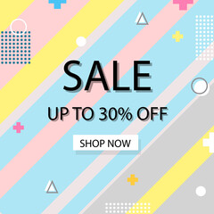 Creative vector illustration of modern trendy season sale banner offer. Art design shop store template. Abstract concept graphic memphis geometric style element. Up to 30 percent OFF.