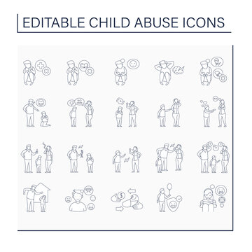 Child abuse line icons set. Shaming, humiliating.Bullying.Aggressive actions against kid. Crime concept. Isolated vector illustration. Editable stroke
