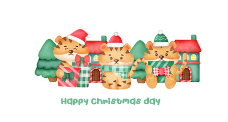 Christmas and new year greeting card with a cute tigers.