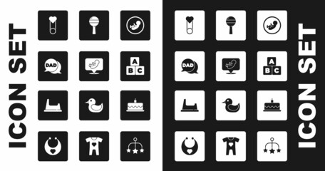 Set Baby, Speech bubble dad, clothes pin, ABC blocks, Rattle baby toy, Cake with burning candles and potty icon. Vector