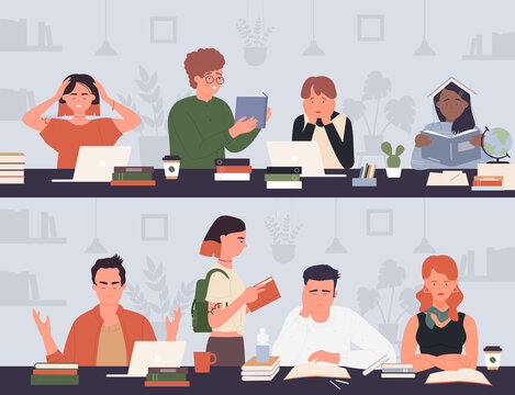 Student people study and work hard vector illustration set. Cartoon tired boy girl characters do homework, sad teens learn, read books to prepare for university exams, education problem background