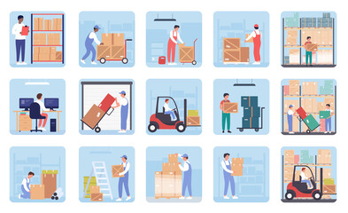 People work in warehouse, logistic service set vector illustration. Cartoon worker characters carry cardboard boxes, using forklift to load parcel packages in storage building interior background