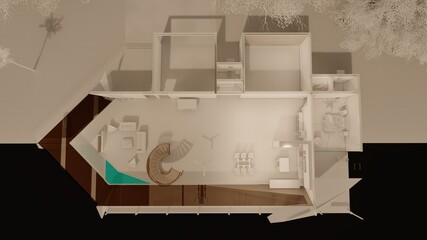 three dimensional monochromatic illustration of a house plan