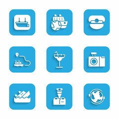 Set Cocktail, Captain of ship, Worldwide, Photo camera, Sinking cruise, Ship line path, hat and Lifeboat icon. Vector