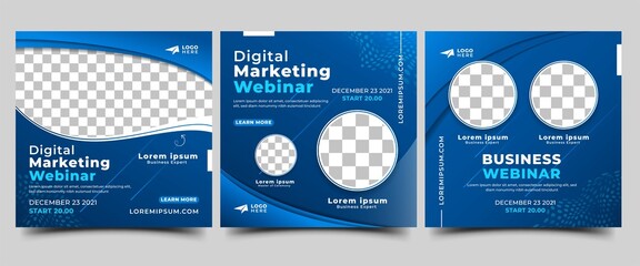 Set of Social media post template for a Business webinar. Editable modern promotion banner with gradient blue color, abstract shape element, and place for the photo.