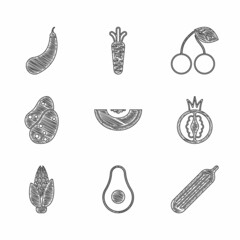 Set Melon fruit, Avocado, Fresh cucumber, Tomato, Corn, Potato, Cherry and Eggplant icon. Vector