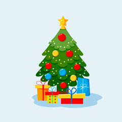 Christmas tree with star, gift boxes, star, lights, decoration balls and lamps. Vector flat plane style illustration.