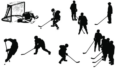 Hockey players in action and team standing motionless, isolated on white background. Set of silhouettes of athletes. Vector.