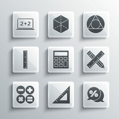 Set Triangular ruler, Discount percent tag, Crossed and pencil, Calculator, Ruler, Chalkboard and Triangle math icon. Vector