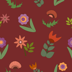 Vector flat style flower pattern on red background. Colorful seamless pattern with separate flowers.
