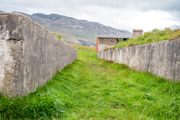 The ruins of Lenan Head fort at the north coast of County Donegal, Ireland.