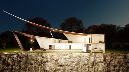 three dimensional sectional illustration of a house with lights at night