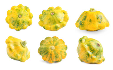 Set with fresh ripe pattypan squashes on white background