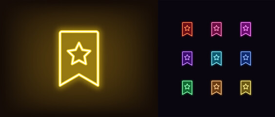 Outline neon bookmark icon with star. Glowing neon bookmark sign, favorites pictogram in vivid colors