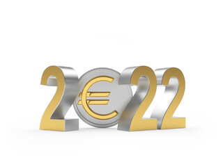Number 2022 with euro coin isolated on white background. 3D illustration 