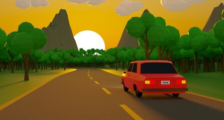 Red Car driving on a scenic road in a valley by the rocky mountains and green trees. Low Poly Art. 3d Rendering. Adventure Travel Concept