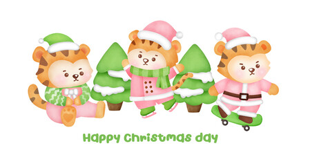 Christmas and new year greeting card with a cute tigers.