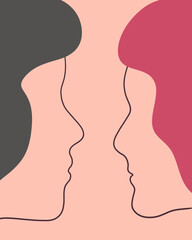 Two  faces  abstract one continuous line portrait 
on a pink-beige background. Modern minimalist style illustration for posters, t-shirts prints, avatars, pstcard and brochure. Lovers, romantic