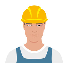 Builder. Vector color icon isolated on white background. A man in a blue overalls and a yellow hard hat.