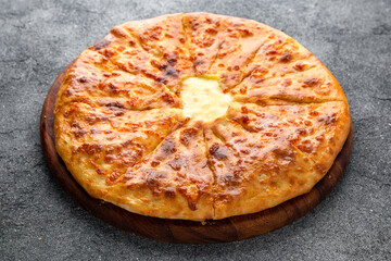 Khachapuri. Ready menu for the restaurant. Neutral gray blue textured background