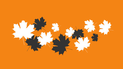 Leaf fall. Vector maple leaves flying in the wind. Horizontal line of black and white leaves, vector illustration on orange background.