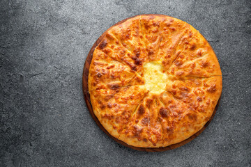 Khachapuri. Ready menu for the restaurant. Neutral gray blue textured background